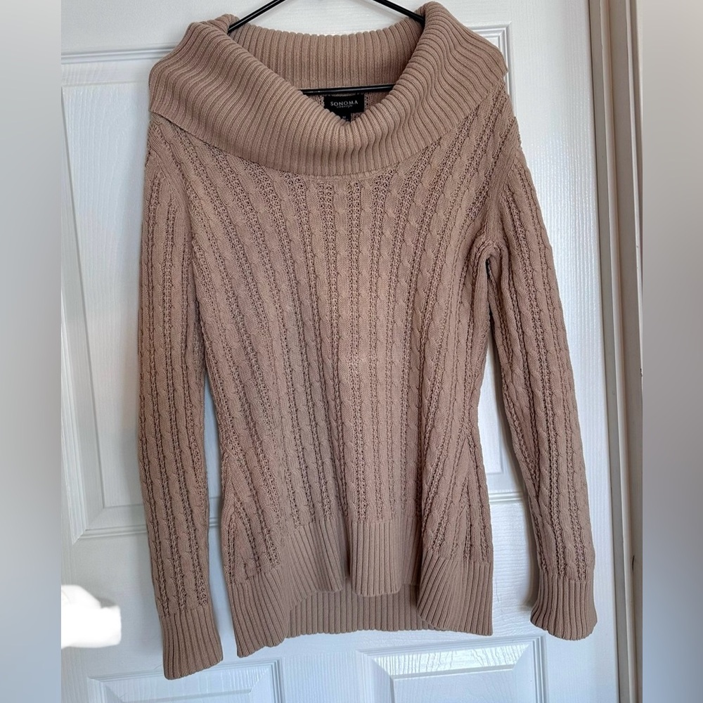 Sonoma Life Style Cable Sweater Cowl Neck, Size Medium , Tan / khaki